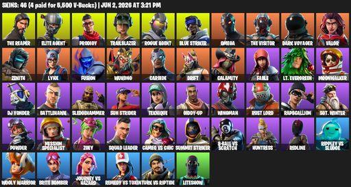 [PC/XBOX] | 46 skins | 750 V-bucks | Take The L | The Reaper | Elite Agent | Omega | Prodigy | Trailblazer | Rogue Agent | Blue Striker | The Visitor | Full Access