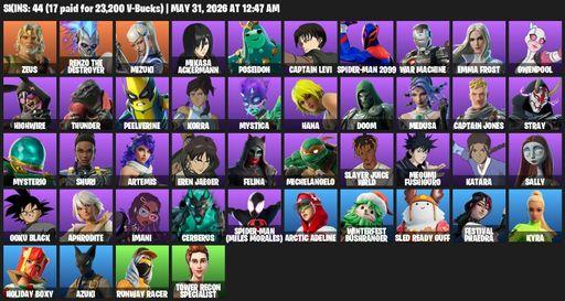[PC/PSN] | 44 skins | Zeus | Renzo the Destroyer | Mizuki | Mikasa Ackermann | Poseidon | Captain Levi | Spider-Man 2099 | War Machine | Emma Frost | Full Access