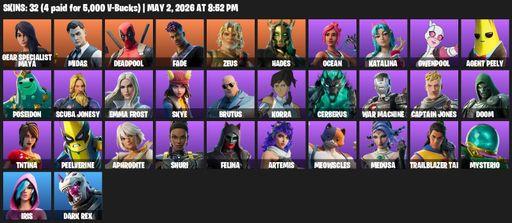 [PC/PSN/XBOX] | 32 skins | Gear Specialist Maya | Midas | Deadpool | Fade | Zeus | Hades | Ocean | Katalina | Gwenpool | Agent Peely | Poseidon | Full Access