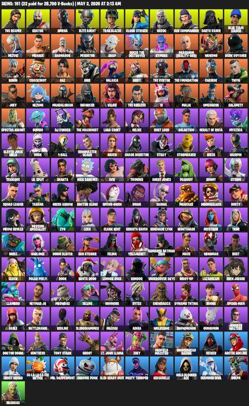 [PC/PSN/XBOX] | 151 skins | Leviathan Axe | Take The L | The Reaper | Elite Agent | Omega | Lara Croft | Kratos | Trailblazer | Cloud Striker | Havoc | Full Access