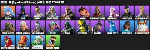 [PC/PSN/XBOX] | 24 skins | 1050 V-bucks | Nezumi | Hope | Nisha | Emma Frost | Oscar | Dusty | Vengeance Jones | Gwenpool | Montague | Captain Jones | Full Access