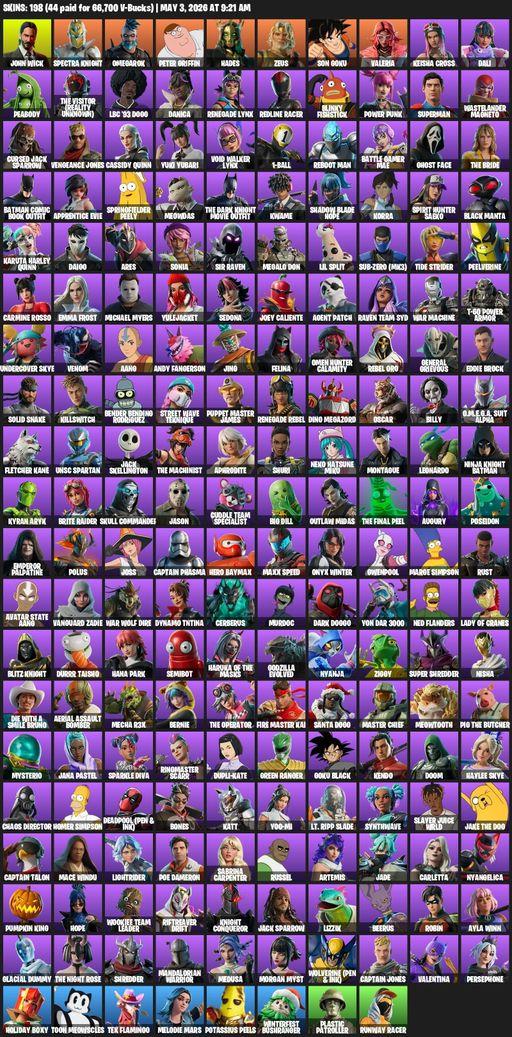 [PC/PSN] | 198 skins | John Wick | Spectra Knight | Omegarok | Peter Griffin | Hades | Zeus | Son Goku | Valeria | Keisha Cross | Dali | Peabody | Full Access