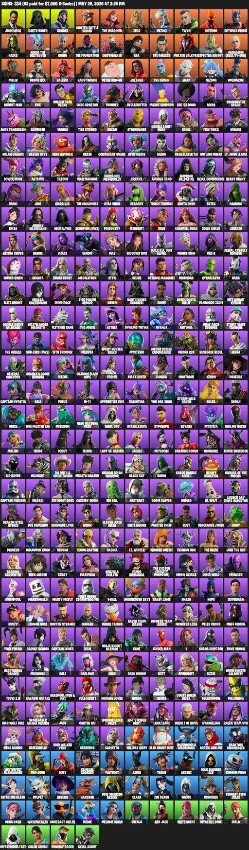 [PC/XBOX] | 334 skins | John Wick | Darth Vader | Xander | Molten Battle Hound | The Imagined | Zeus | Mizuki | Twyn | Inferno | Optimus Prime | Hades | Full Access