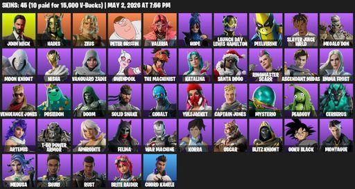 [PC/XBOX] | 45 skins | John Wick | Hades | Zeus | Peter Griffin | Valeria | Hope | Launch Day Lewis Hamilton | Peelverine | Slayer Juice WRLD | Full Access