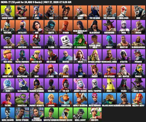 [PC/XBOX] | 77 skins | 600 V-bucks | Renegade Raider | Rogue Agent | Calamity | Lynx | Ruin | Luxe | Drift | The Ice King | The Prisoner | Wild Card | Full Access