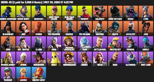[PC/XBOX] | 43 skins | 1000 V-bucks | Take The L | OG STW | Carbon Commando | Rogue Agent | Warpaint | Rose Team Leader | Blue Team Leader | Prodigy | Full Access