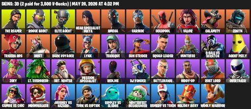 [PC/XBOX] | 39 skins | 750 V-bucks | Take The L | The Reaper | Elite Agent | Omega | Rogue Agent | Gear Specialist Maya | Carbide | Deadpool | Valor | Full Access