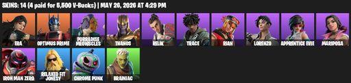[PC/PSN] | 14 skins | 1150 V-bucks | Era | Optimus Prime | Purradise Meowscles | Thanos | Relik | Trace | Rian | Lorenzo | Apprentice Evie | Mariposa | Full Access