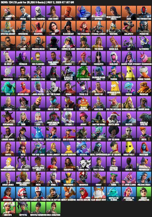 [PC/PSN/XBOX] | 134 skins | Merry Mint Axe | Lara Croft | Drift | Midas | Skull Trooper  | Hybrid | Fusion | Kymera | Gear Specialist Maya | Fade | Full Access