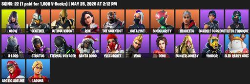 [PC/PSN/XBOX] | 22 skins | 1000 V-bucks | Glow | Sentinel | Ultima Knight | Rox | The Scientist | Catalyst | Singularity | Vendetta | Sparkle Supreme | Full Access
