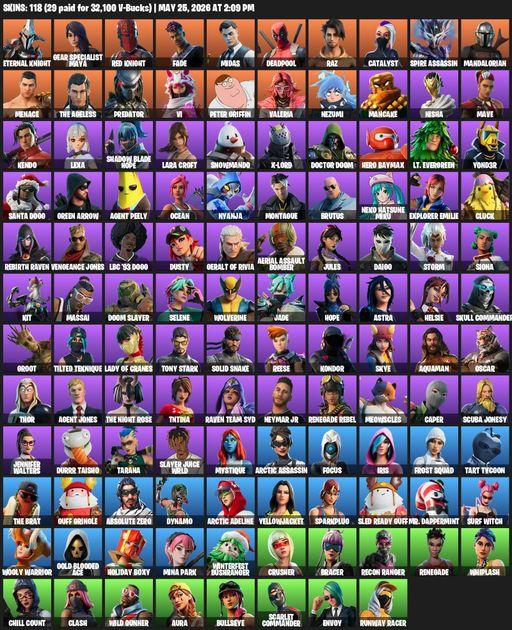 [PC] | 118 skins | 750 V-bucks | Lara Croft | Eternal Knight | Gear Specialist Maya | Red Knight | Fade | Midas | Deadpool | Raz | Catalyst | Full Access