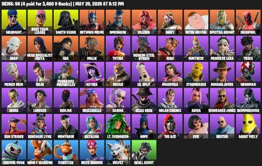 [PC/PSN] | 56 skins | OG STW | Warpaint | Rose Team Leader | Darth Vader | Optimus Prime | Omegarok | Valeria | Drift | Peter Griffin | Spectra Knight | Full Access