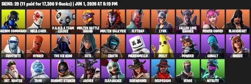[PC/XBOX] | 29 skins | Reaper Axe | Carbon Commando | Wild Card | P.A.N.D.A Team Leader | Molten Battle Hound | Molten Valkyrie | Flytrap | Lynx | Full Access