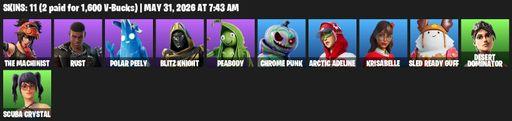 [PC/XBOX] | 11 skins | 950 V-bucks | The Machinist | Rust | Polar Peely | Blitz Knight | Peabody | Chrome Punk | Arctic Adeline | Krisabelle | Full Access