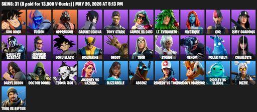 [PC/XBOX] | 31 skins | 500 V-bucks | Son Goku | Fusion | Oppressor | Sasuke Uchiha | Tony Stark | Cameo vs Chic | Lt. Evergreen | Mystique | Kor | Full Access
