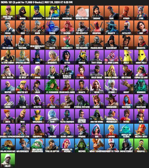 [PC] | 101 skins | OG STW | IKONIK | Rose Team Leader | Warpaint | Cloud Striker | Omegarok | Peter Griffin | Sorana | Fade | Hybrid | Lynx | Midas | Full Access