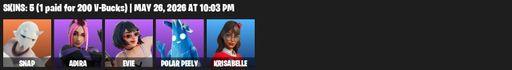 [PC/PSN/XBOX] | 5 skins | 550 V-bucks | Snap | Adira | Evie | Polar Peely | Krisabelle | Blade of the Waning Moon | Solar Slicer | Spellwork Scimitar | Full Access