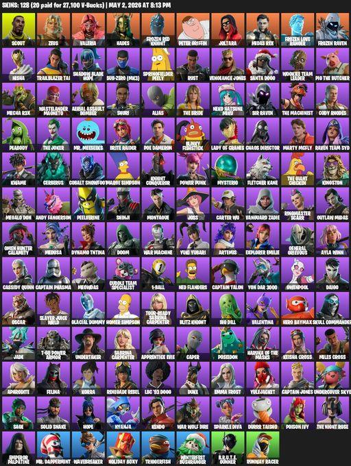 [PC/XBOX] | 128 skins | Scout | Zeus | Valeria | Hades | Frozen Red Knight | Peter Griffin | Joltara | Midas Rex | Frozen Love Ranger | Frozen Raven | Full Access