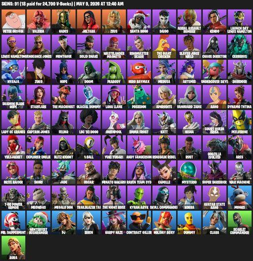 [PC/PSN/XBOX] | 91 skins | Peter Griffin | Valeria | Hades | Joltara | Zeus | Santa Dogg | Daigo | Aerial Assault Bomber | Kendo | Full Access