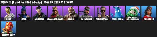[PC/XBOX] | 11 skins | 550 V-bucks | Nisha | Hope | Montague | Vengeance Jones | Oscar | Solid Snake | Terminator | Polar Peely | Full Access
