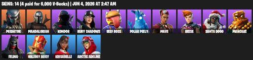 [PC/PSN] | 14 skins | Predator | Mandalorian | Kondor | Ruby Shadows | Beef Boss | Polar Peely | Mave | Reese | Santa Dogg | Mancake | Felina | Full Access