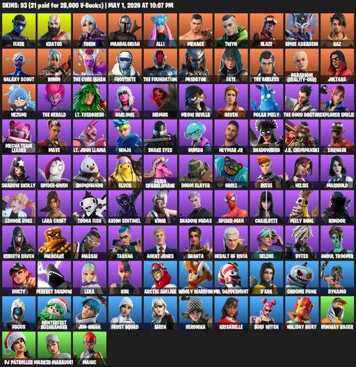 [PC/XBOX] | 93 skins | Leviathan Axe | Lara Croft | Fixer | Kratos | Torin | Mandalorian | Alli | Menace | Twyn | Blaze | Spire Assassin | Raz | Full Access