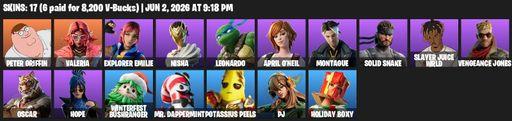 [PC/XBOX] | 17 skins | Peter Griffin | Valeria | Explorer Emilie | Nisha | Leonardo | April O'Neil | Montague | Solid Snake | Slayer Juice WRLD | Full Access