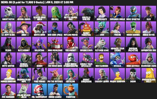 [PC/XBOX] | 55 skins | 1300 V-bucks | Agent Patch | Keisha Cross | Slayer Juice WRLD | Big Dill | Battle Gamer Mae | Godzilla Evolved | Dupli-Kate | Full Access