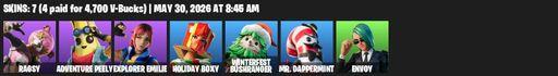 [PC/PSN/XBOX] | 7 skins | Ragsy | Adventure Peely | Explorer Emilie | Holiday Boxy | Winterfest Bushranger | Mr. Dappermint | Envoy | Secret Scimitars | Full Access
