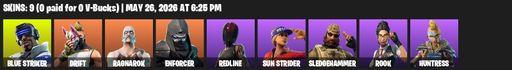 [PC/PSN/XBOX] | 9 skins | 1050 V-bucks | Blue Striker | Drift | Ragnarok | Enforcer | Redline | Sun Strider | Sledgehammer | Rook | Huntress | Full Access