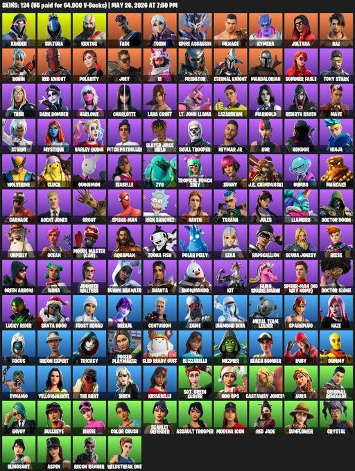 [PC/XBOX] | 124 skins | 500 V-bucks | Leviathan Axe | Lara Croft | Xander | Sultura | Kratos | Fade | Torin | Spire Assassin | Menace | Kymera | Full Access