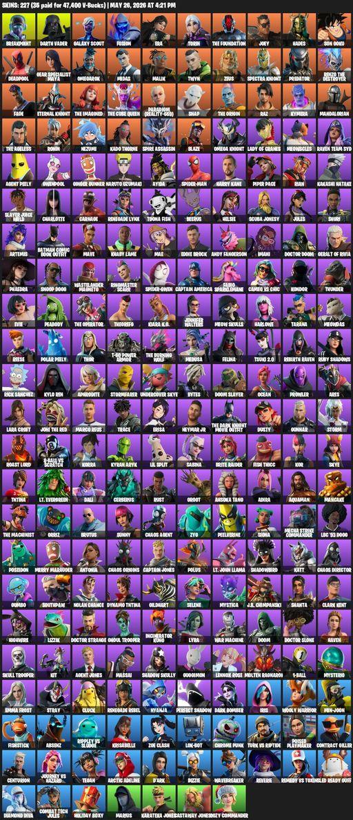 [PC/PSN] | 227 skins | Merry Mint Axe | Lara Croft | Breakpoint | Darth Vader | Galaxy Scout | Fusion | Era | Torin | The Foundation | Joey | Hades | Full Access