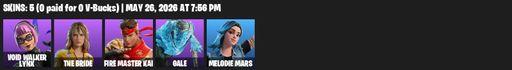 [PC/PSN] | 5 skins | 1000 V-bucks | Void Walker Lynx | The Bride | FIRE Master Kai | Gale | Melodie Mars | Void Walker's Claws | Marty's Gibson ES-345 | Full Access