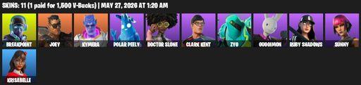 [PC/PSN/XBOX] | 11 skins | 550 V-bucks | Breakpoint | Joey | Kymera | Polar Peely | Doctor Slone | Clark Kent | Zyg | Guggimon | Ruby Shadows | Sunny | Full Access