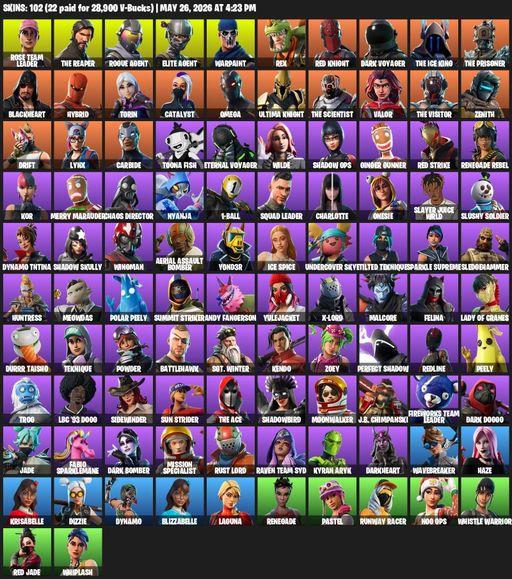 [PC/PSN/XBOX] | 102 skins | 1250 V-bucks | Take The L | OG STW | The Reaper | Elite Agent | Omega | Rose Team Leader | Rogue Agent | Warpaint | Rex | Full Access