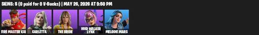 [PC/PSN/XBOX] | 5 skins | 800 V-bucks | FIRE Master Kai | Carletta | The Bride | Void Walker Lynx | Melodie Mars | Void Walker's Claws | Full Access