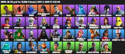 [PC/PSN/XBOX] | 39 skins | Merry Mint Axe | Travis Scott | Deadpool | Fusion | Gear Specialist Maya | Midas | Groot | Polar Peely | Cameo vs Chic | Full Access