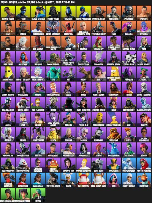 [PC/XBOX] | 123 skins | 1100 V-bucks | Leviathan Axe | Travis Scott | Lara Croft | Fixer | Cloud Striker | Darth Vader | Sultura | Point Patroller | Full Access