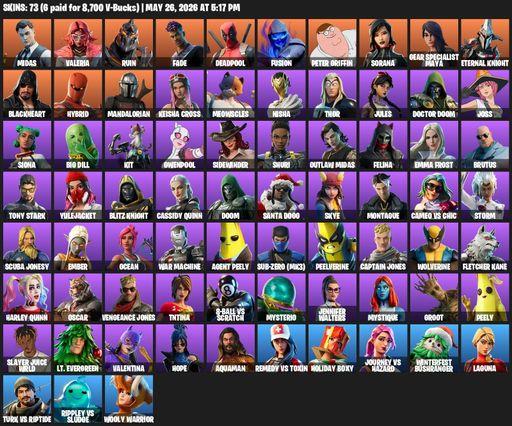 [PC/PSN/XBOX] | 73 skins | Midas | Valeria | Ruin | Fade | Deadpool | Fusion | Peter Griffin | Sorana | Gear Specialist Maya | Eternal Knight | Full Access