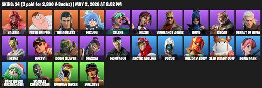 [PC/PSN] | 24 skins | 600 V-bucks | Valeria | Peter Griffin | The Ageless | Nezumi | Selene | Helsie | Vengeance Jones | Hope | Oscar | Full Access