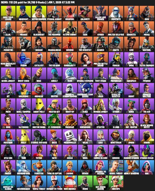 [PC/PSN/XBOX] | 118 skins | 2550 V-bucks | OG STW | Reaper Axe | Rose Team Leader | Warpaint | Royale Bomber | Eternal Knight | Deadpool | Calamity | Full Access