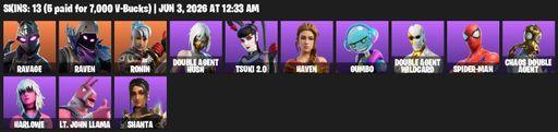 [PC/PSN] | 13 skins | Ravage | Raven | Ronin | Double Agent Hush | Tsuki 2.0 | Haven | Gumbo | Double Agent Wildcard | Spider-Man | Chaos Double Agent | Full Access