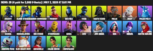 [PC/PSN/XBOX] | 25 skins | Trilogy | Cloud Striker | Carbon Commando | Prodigy | Sultura | Fixer | Darth Vader | Malik | Snap | Polar Peely | Sabina | Full Access