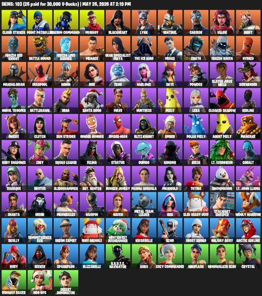[PC/XBOX] | 103 skins | 850 V-bucks | Leviathan Axe | Cloud Striker | Point Patroller | Carbon Commando | Prodigy | Blackheart | Lynx | Sentinel | Full Access