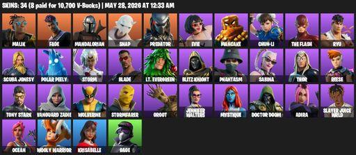 [PC/XBOX] | 34 skins | Malik | Fade | Mandalorian | Snap | Predator | Evie | Mancake | Chun-Li | The Flash | Ryu | Scuba Jonesy | Polar Peely | Storm | Full Access