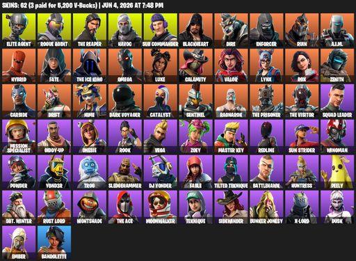 [PC/PSN/XBOX] | 62 skins | 1250 V-bucks | Take The L | The Reaper | Elite Agent | Omega | Rogue Agent | Havoc | Sub Commander | Blackheart | Dire | Full Access