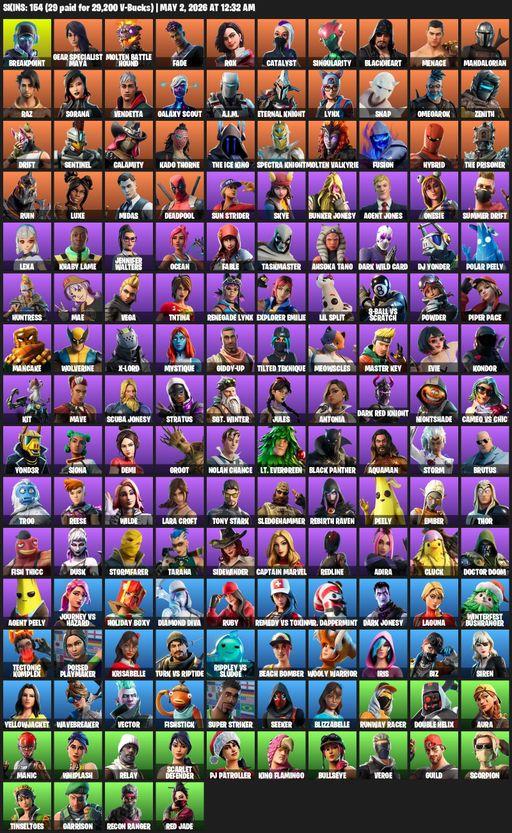 [PC/PSN/XBOX] | 154 skins | Merry Mint Axe | Lara Croft | Breakpoint | Gear Specialist Maya | Molten Battle Hound | Fade | Rox | Catalyst | Full Access