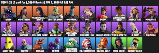 [PC/PSN] | 29 skins | Raven | Kado Thorne | Gear Specialist Maya | Spectra Knight | Omegarok | Mae | TNTina | Slayer Juice WRLD | Ahsoka Tano | Full Access
