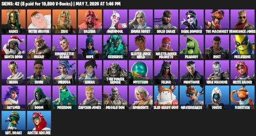[PC/XBOX] | 42 skins | Hades | Peter Griffin | Zeus | Valeria | Gwenpool | Emma Frost | Solid Snake | Dark Bomber | The Machinist | Vengeance Jones | Full Access