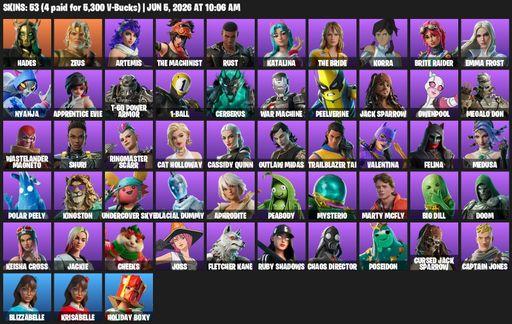 [PC/PSN/XBOX] | 53 skins | Hades | Zeus | Artemis | The Machinist | Rust | Katalina | The Bride | Korra | Brite Raider | Emma Frost | Nyanja | Full Access